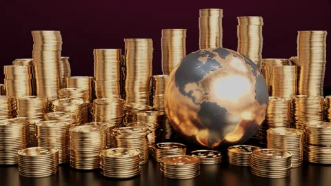 Coin Stacks with Earth Globe loop Video stock 339880480