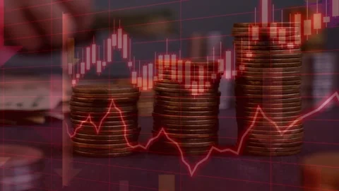 Coin Stacks with Falling Red Candlestick Chart Stock Footage 336757334