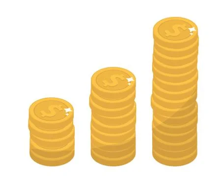 Coin stacks, flat design. Gold coins increase up, cent, isolated on white b.. Illustrazione stock