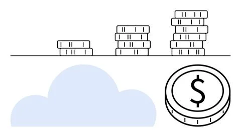 Coin stacks increase in size atop a line, with a blue cloud and large coin ic Stock Illustration