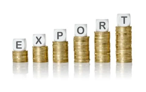 Coin stacks with letter dice - Export Stock Photos