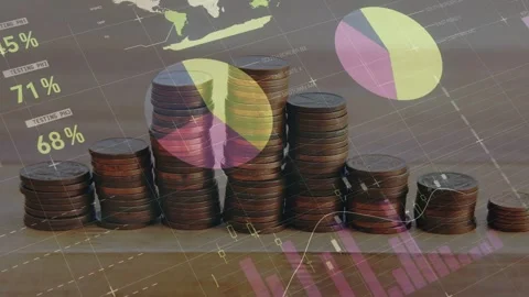 Coin stacks staying static, dashboard fading in upper-left, rising charts Stock Footage 335235447