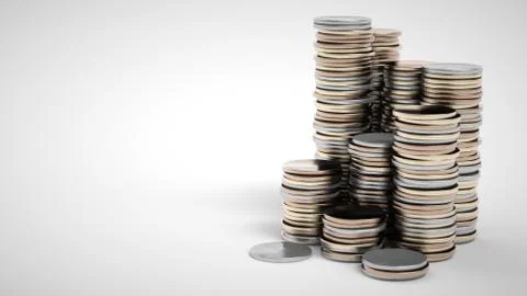 Coin stacks on a white background. 3D rendering Stock Photos