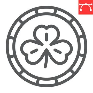 Coin with three leaf clover line icon, St. Patricks day and holiday, golden coin Stock Illustration