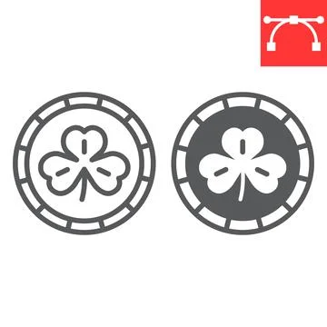 Coin with three leaf clover line and glyph icon, St. Patricks day and holiday Stock Illustration