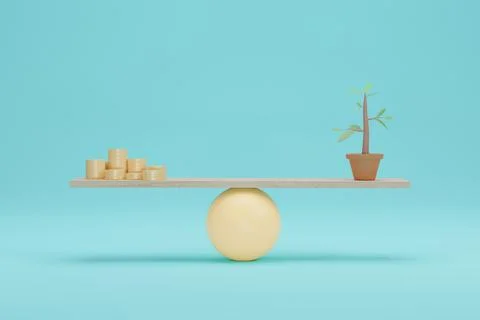 Coin vs tree on scales. Importance for green ecology on balance scale. 3D Ren Illustrazione stock