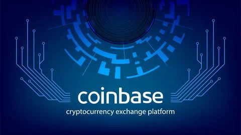 Coinbase cryptocurrency exchange platform name with digital circle and PCB track Stock Illustration