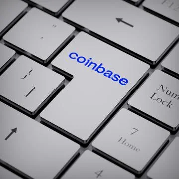 Coinbase logo notebook keycap 3d illustration stock market editorial Stock-Fotos