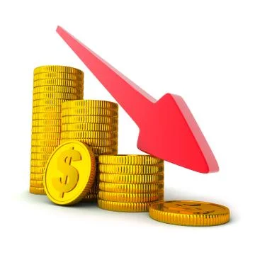 Coins and arrow down (done in 3d, white background) Stock Illustration