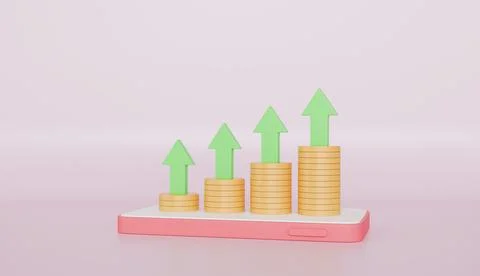 Coins and Arrow graph on a mobile phone financial management concept Stock Illustration