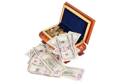 Coins and banknotes in the box Stock Photos