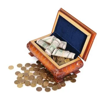 Coins and banknotes in the box Stock Photos
