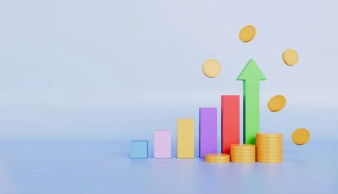Coins and bars graph showing finance, stock rise and fall, business investment Stock Illustration