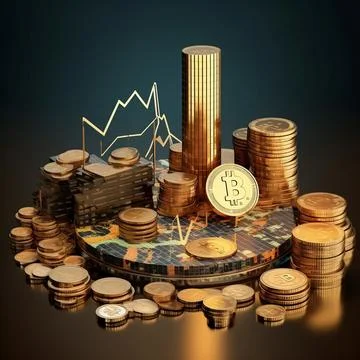 Coins and clock displayed with a graph in the background, on a dark blue backgro Stock Illustration