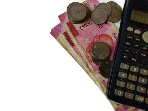 Coins and notes counting or calculation by calculator on white background Stock Photos