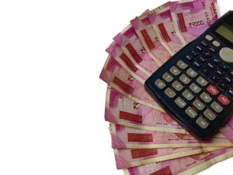 Coins and notes counting or calculation by calculator on white background Stock Photos
