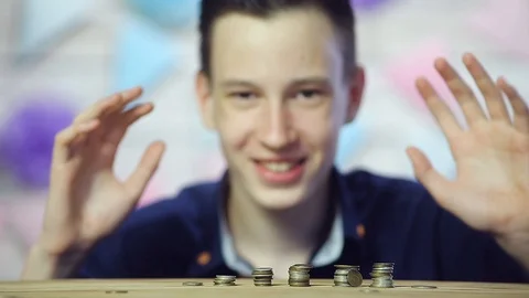 The coins are on the table stacked in a tower. Close up Stock Footage 109159538