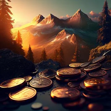 Coins on the background of the sunset in the mountains, generated AI Stock Illustration