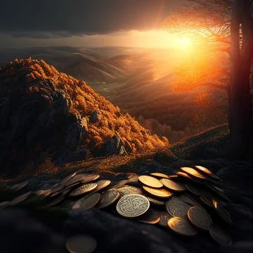 Coins on the background of the sunset in the mountains, generated AI Stock Illustration