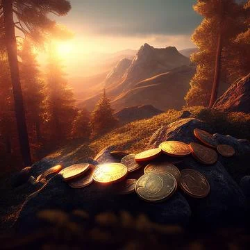Coins on the background of the sunset in the mountains, generated AI Stock Illustration