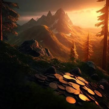 Coins on the background of the sunset in the mountains, generated AI Stock Illustration