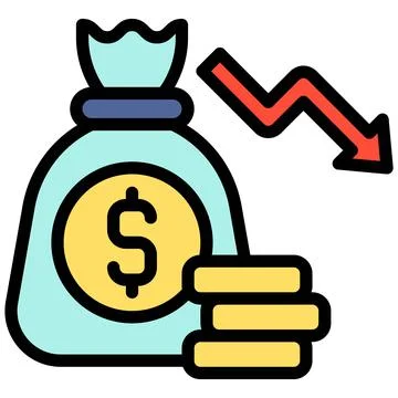 Coins bag with decrease arrow icon, Bankruptcy related vector Illustrazione stock