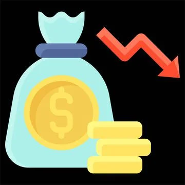 Coins bag with decrease arrow icon, Bankruptcy related vector Illustrazione stock