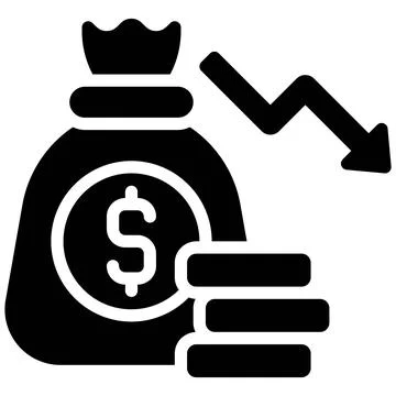 Coins bag with decrease arrow icon, Bankruptcy related vector Stockillustratie