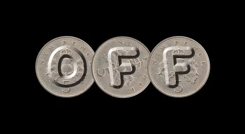 OFF  Coins on black background Stock Photos