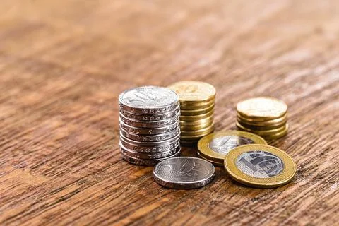Coins from brazil, stack of 1 real coins, 50 cents and other values. Coins of Stock Photos