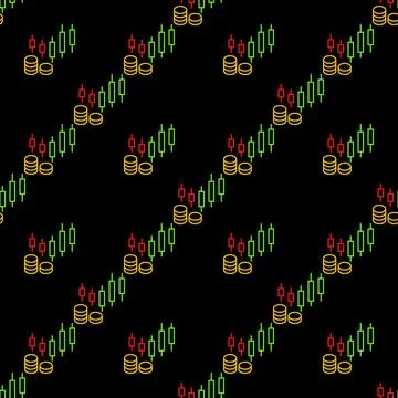 Coins with Candlestick Charts vector Technical Analysis seamless pattern in.. 스톡 일러스트