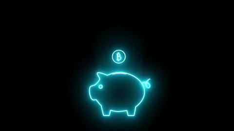 The coins of the cryptocurrency symbol fall into a blue neon piggy bank on a Stock Footage 309294047
