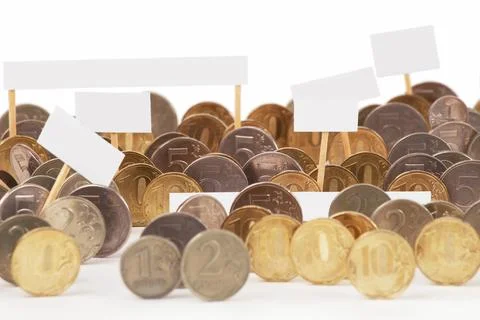 Coins at the demonstration with empty posters Stock Photos