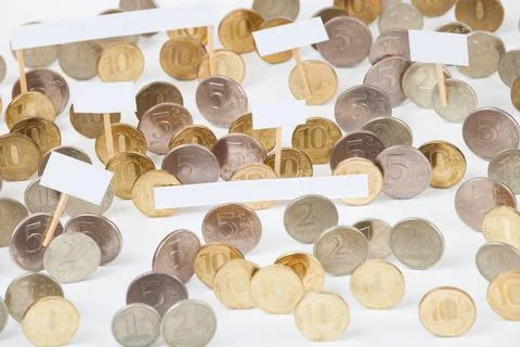 Coins at the demonstration with empty posters Stock Photos