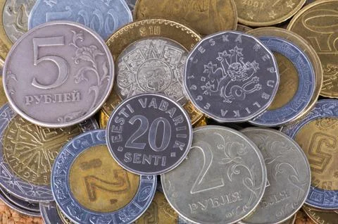 Coins from different countries Stock Photos