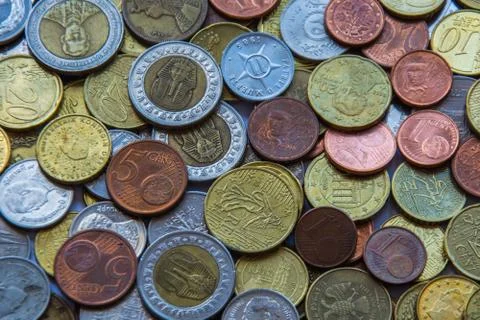 Coins of different countries Stock Photos