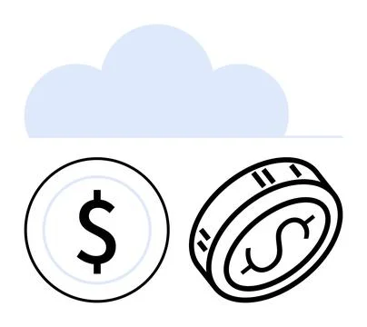 Coins with dollar signs under a cloud shape. Ideal for finance, savings, digi Stock Illustration