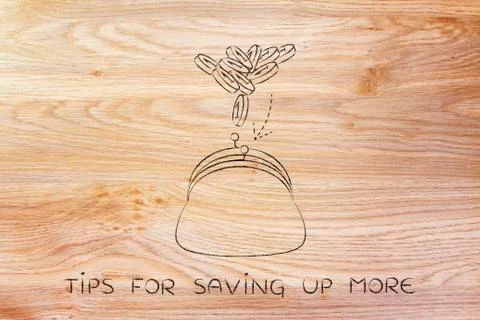 Coins dropped into a purse, tips for saving up more Stock Illustration