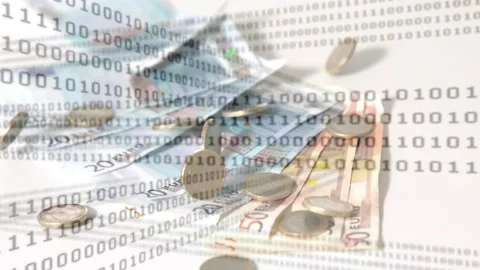 Coins dropping and bouncing onto Euro notes while binary overlay scrolling Stock Footage 335651971