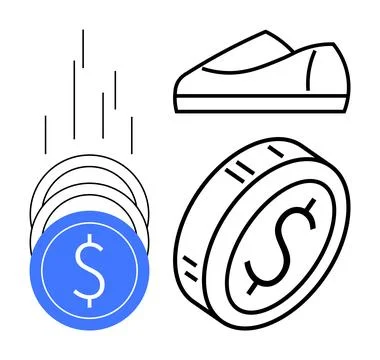 Coins Dropping and Growing to Coin Stack Beside Dollar Coin and Shoe 스톡 일러스트