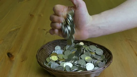 The coins fall from the hand. Russian Rubles (boomerang) Stock Footage 82161141