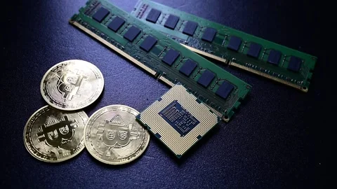 Coins falling onto bitcoin and computer hardware representing fintech Stock Footage 331124114