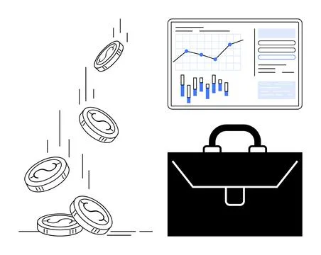 Coins falling, chart with data and graphs, and briefcase symbolize financial  库存插图