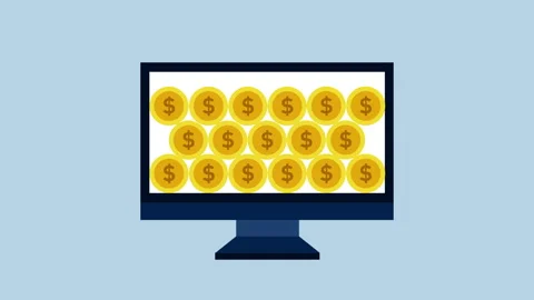 Coins falling on computer screen payment online 2d animation with alpha matte Stock Footage 335800742