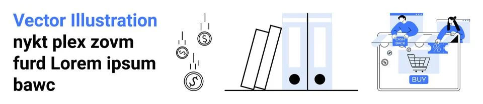 Coins falling into a stack, upright file folders, and people using a laptop f Illustrazione stock