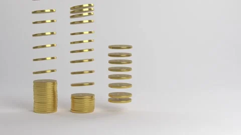 Coins falling on top of each other. A pillar of coins. Chart of decline. Stock-Footage 148242256