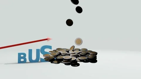 Coins falling from top, forming pile, covering blue letters and rising red 動画素材 338356296