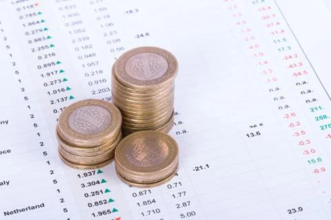 Coins on financial data Stock Photos