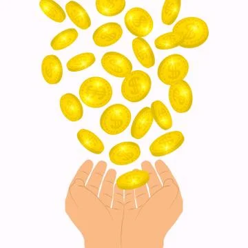 Coins flow falling to hands from above. Profit making concept. Lottery win fa Stock Illustration