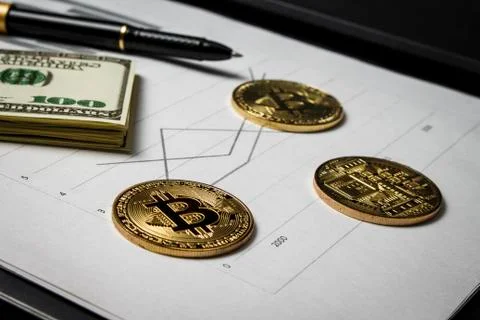 Coins in the form of bitcoin with a bundle of dollars on sheets of statistics Stock Photos